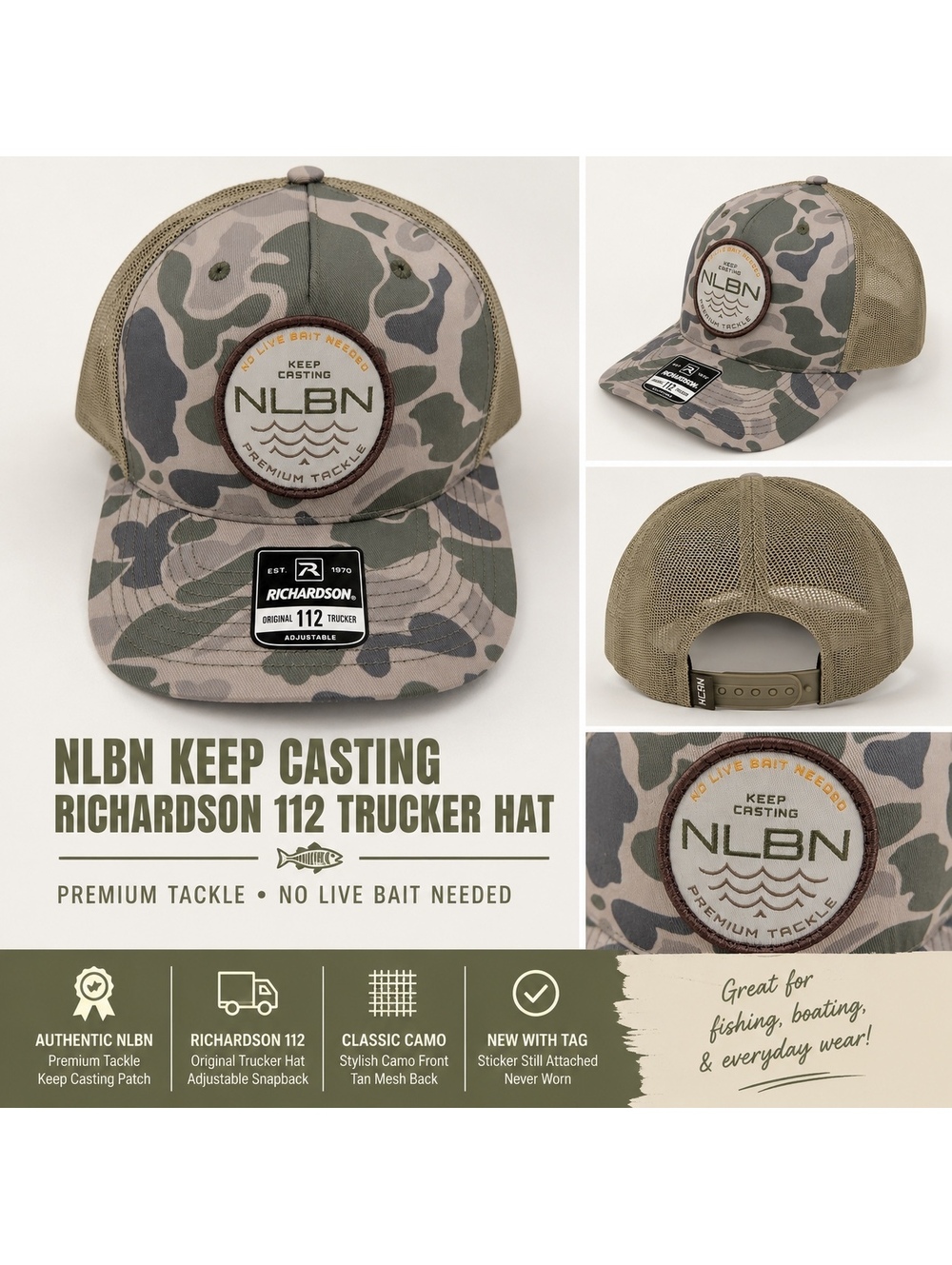 No Live Bait Needed (NLBN) “Keep Casting” camo Richardson 112 trucker hat